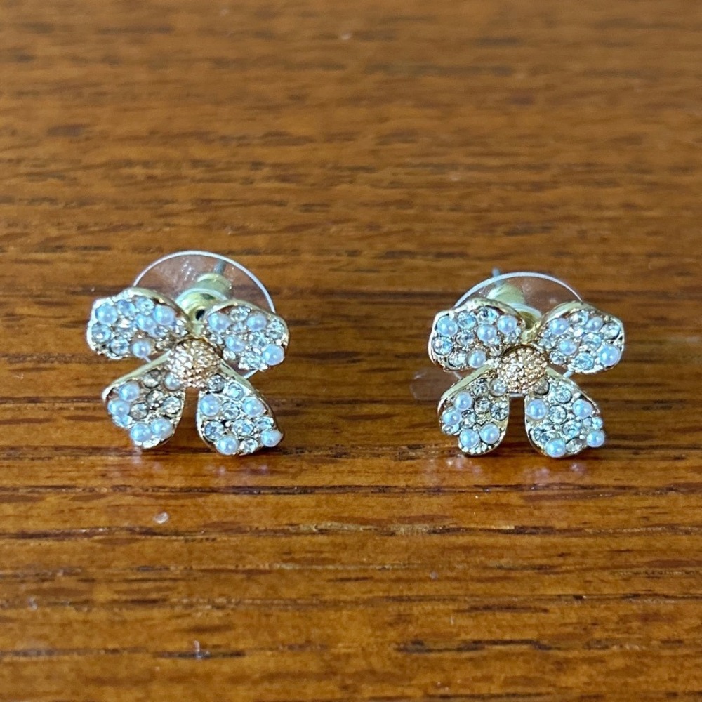 Park Lane Gold Tone Flower Stud Earrings Faux Pearl Crystal Floral Jewelry